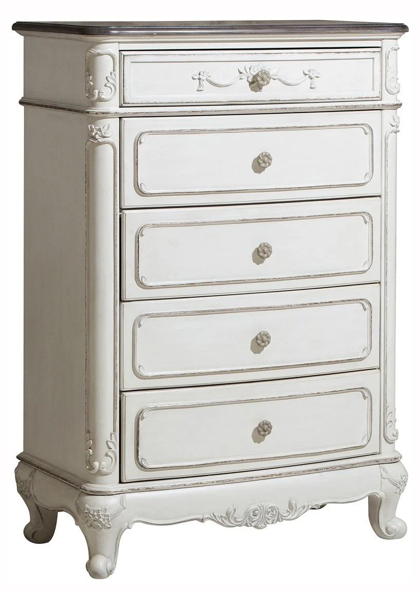 Cinderella 5 Drawer Chest in Antique White with Grey Rub-Through 1386NW-9 - Image 2